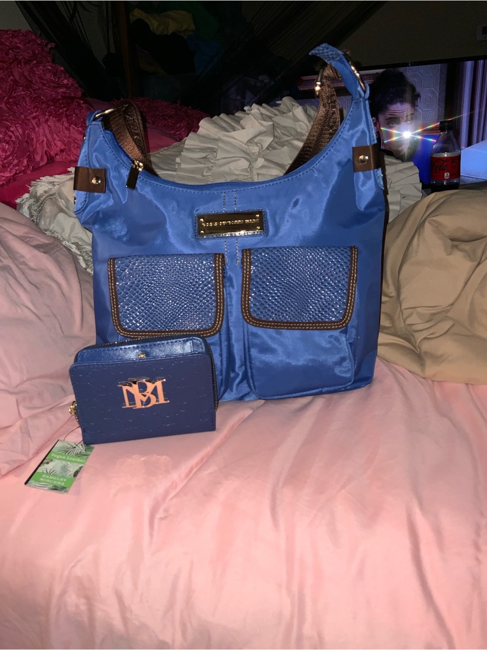 Blue Shoulder Bag with Front Pockets and Matching Wallet